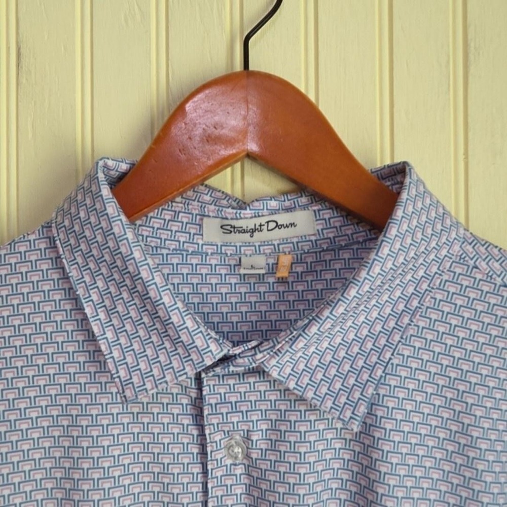 Straight Down Polo Shirt Mens L Blue Geometric Stretch UPF 50 Jersey Golf Top